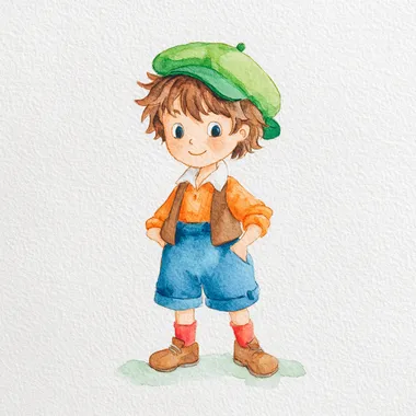 Watercolor wet on wet, paper rough texture, a cute chibi Lampwick, mischievous boy with messy brown hair, wearing a green cap, orange shirt, brown vest, blue shorts, red socks, brown shoes, cheeky grin, no outline, main colors: green, orange, blue, brown, secondary colors: red, white, children's book style, isolated on a white background  shadows  rofile 943hi26