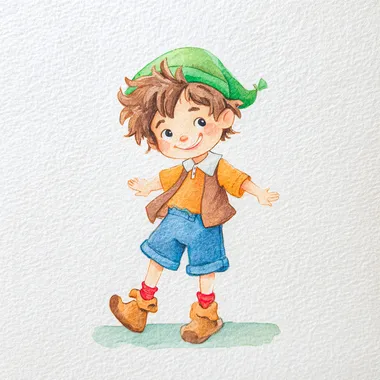 Watercolor wet on wet, paper rough texture, a cute chibi Lampwick, mischievous boy with messy brown hair, wearing a green cap, orange shirt, brown vest, blue shorts, red socks, brown shoes, cheeky grin, no outline, main colors: green, orange, blue, brown, secondary colors: red, white, children's book style, isolated on a white background  shadows  rofile 943hi26