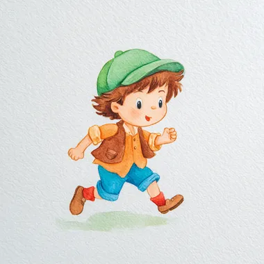 Watercolor wet on wet, paper rough texture, a cute chibi Lampwick, mischievous boy with messy brown hair, wearing a green cap, orange shirt, brown vest, blue shorts, red socks, brown shoes, cheeky grin, no outline, main colors: green, orange, blue, brown, secondary colors: red, white, children's book style, isolated on a white background  shadows  rofile 943hi26