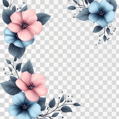 Generate an image with a white background, where in the top left corner and the bottom right corner there are flowers: 3 pink and 3 blue flowers in each corner, with some dark green leaves as well.