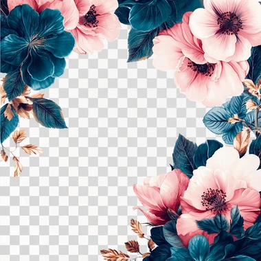 Generate an image with a white background, where in the top left corner and the bottom right corner there are flowers: 3 pink and 3 blue flowers in each corner, with some dark green leaves as well.