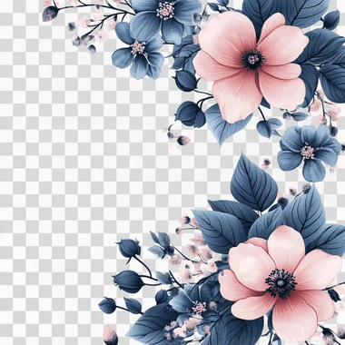 Generate an image with a white background, where in the top left corner and the bottom right corner there are flowers: 3 pink and 3 blue flowers in each corner, with some dark green leaves as well.