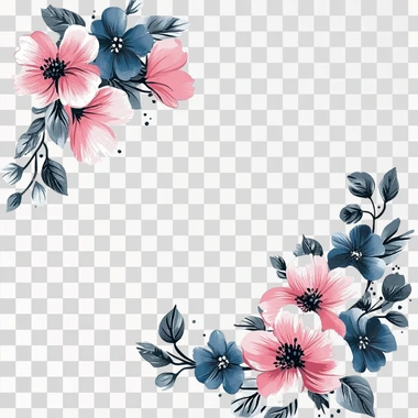 Generate an image with a white background, where in the top left corner and the bottom right corner there are flowers: 3 pink and 3 blue flowers in each corner, with some dark green leaves as well.