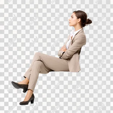 A businesswoman sitting pose in profile, in working attire, but no chair is visible, for demo purpose, isolated on a white background. An ultra-realistic photograph  body,black and white