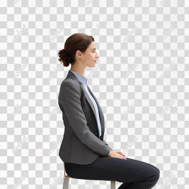A businesswoman sitting pose in profile, in working attire, but no chair is visible, for demo purpose, isolated on a white background. An ultra-realistic photograph  body,black and white