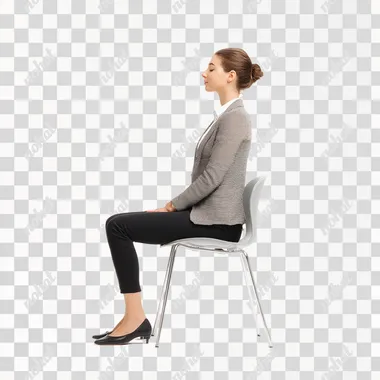 A businesswoman sitting pose in profile, in working attire, but no chair is visible, for demo purpose, isolated on a white background. An ultra-realistic photograph  body,black and white