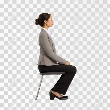 A businesswoman sitting pose in profile, in working attire, but no chair is visible, for demo purpose, isolated on a white background. An ultra-realistic photograph  body,black and white