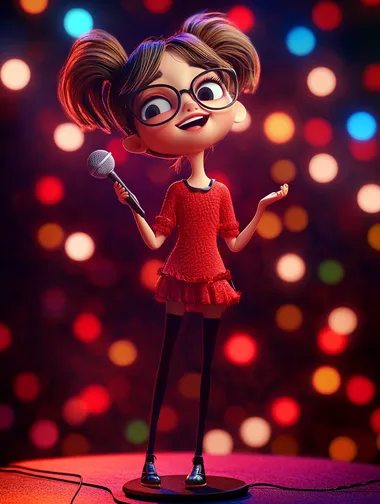 A cute girl, 10 years old, with a beautiful face, big eyes, no glasses, no glasses, dressed in modern fashion, singing in 3D cartoon style and Pixar style on stage, no glasses, Bubble Mart,clean and simple background