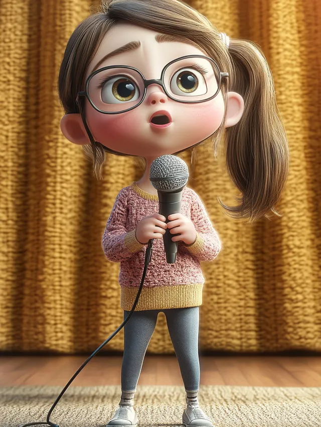 a cartoon character holding a microphone in front of a curtain