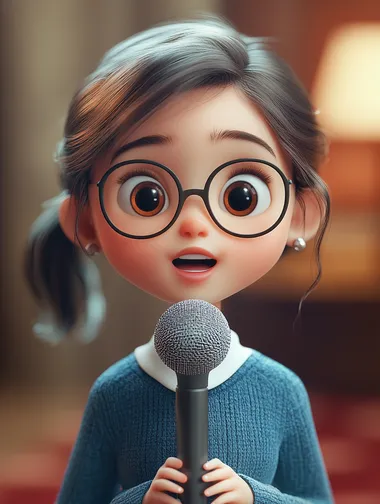 A cute girl, 10 years old, with a beautiful face, big eyes, no glasses, no glasses, dressed in modern fashion, singing in 3D cartoon style and Pixar style on stage, no glasses, Bubble Mart,clean and simple background