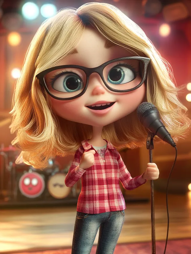 a cartoon character with glasses holding a microphone