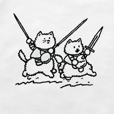 Two human knights jousting while riding big, fluffy cats, simple line art, minimal detail, clean black outlines, hand-drawn look, flat 2D, white background, medieval fantasy humor, t-shirt design