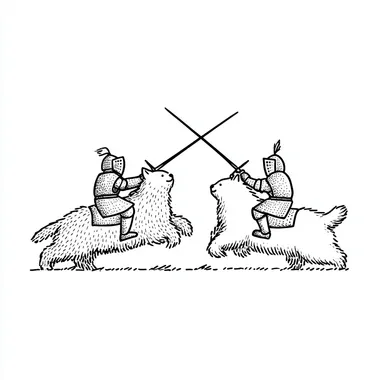 Two human knights jousting while riding big, fluffy cats, simple line art, minimal detail, clean black outlines, hand-drawn look, flat 2D, white background, medieval fantasy humor, t-shirt design