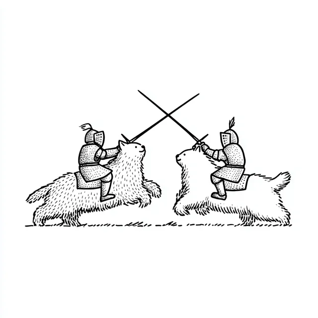 Knights Jousting on Fluffy Cats - Humorous Line Art