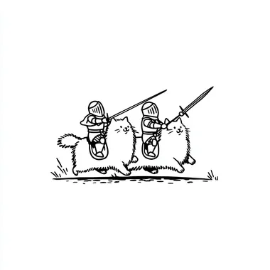 Two human knights jousting while riding big, fluffy cats, simple line art, minimal detail, clean black outlines, hand-drawn look, flat 2D, white background, medieval fantasy humor, t-shirt design
