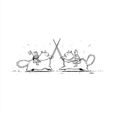 Two human knights jousting while riding big, fluffy cats, simple line art, minimal detail, clean black outlines, hand-drawn look, flat 2D, white background, medieval fantasy humor, t-shirt design