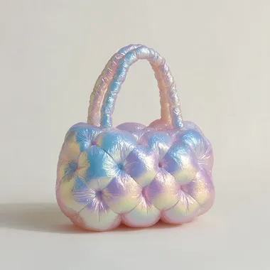 side shot of tote bag made of inflatable balloon material, flating in a white clean background. --exp 15