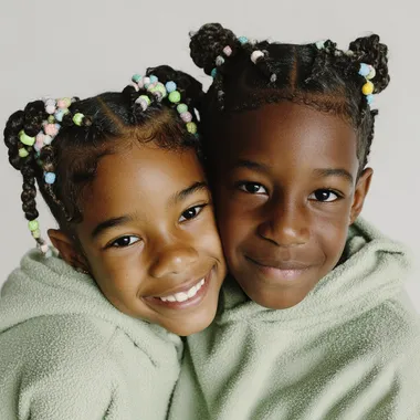 A close-up portrait of a young Black girl and boy with neatly braided hair adorned with colorful beads. they smile to the camera.they both have braid , the boy have STITCH BRAIDS, and the girl have TWIN BUN STITCH BRAIDS, and both wears a light pastel green hoodie . The background is minimal and light, giving a soft studio feel. background color is white. studio lighting, clean and high-resolution fashion photography style.