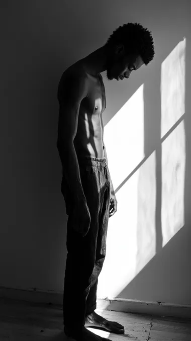 Black and white photograph of a slim man standing alone in a dimly lit room, his body slightly slumped, gazing downward in deep reflection. His expression is one of doubt and weariness, as if carrying an unseen weight. His hands hang loosely at his sides, signaling vulnerability. The soft light from a window falls across his face, casting long shadows, symbolizing the internal conflict he feels. Photographed with a Leica M Monochrom, 50mm lens, focusing on the subtle details of his tired eyes and furrowed brow. The lighting and posture evoke deep contemplation and emotional exhaustion.