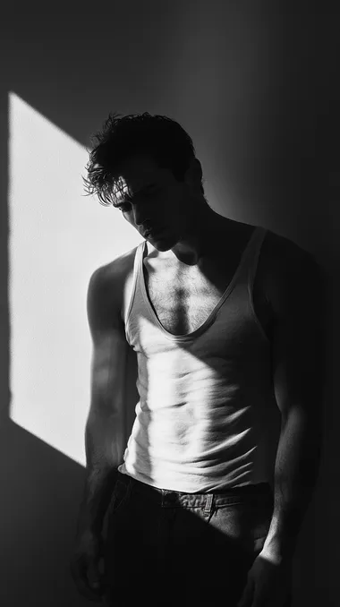 Black and white photograph of a slim man standing alone in a dimly lit room, his body slightly slumped, gazing downward in deep reflection. His expression is one of doubt and weariness, as if carrying an unseen weight. His hands hang loosely at his sides, signaling vulnerability. The soft light from a window falls across his face, casting long shadows, symbolizing the internal conflict he feels. Photographed with a Leica M Monochrom, 50mm lens, focusing on the subtle details of his tired eyes and furrowed brow. The lighting and posture evoke deep contemplation and emotional exhaustion.
