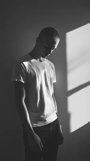 Black and white photograph of a slim man standing alone in a dimly lit room, his body slightly slumped, gazing downward in deep reflection. His expression is one of doubt and weariness, as if carrying an unseen weight. His hands hang loosely at his sides, signaling vulnerability. The soft light from a window falls across his face, casting long shadows, symbolizing the internal conflict he feels. Photographed with a Leica M Monochrom, 50mm lens, focusing on the subtle details of his tired eyes and furrowed brow. The lighting and posture evoke deep contemplation and emotional exhaustion.
