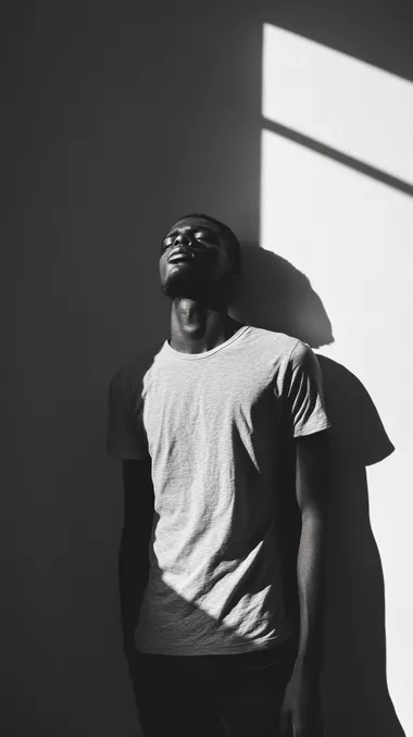 Black and white photograph of a slim man standing alone in a dimly lit room, his body slightly slumped, gazing downward in deep reflection. His expression is one of doubt and weariness, as if carrying an unseen weight. His hands hang loosely at his sides, signaling vulnerability. The soft light from a window falls across his face, casting long shadows, symbolizing the internal conflict he feels. Photographed with a Leica M Monochrom, 50mm lens, focusing on the subtle details of his tired eyes and furrowed brow. The lighting and posture evoke deep contemplation and emotional exhaustion.