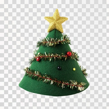 Felt Christmas Tree Hat, made of green felt material with tinsel and a gold star on top, against a white background, in a clip art style