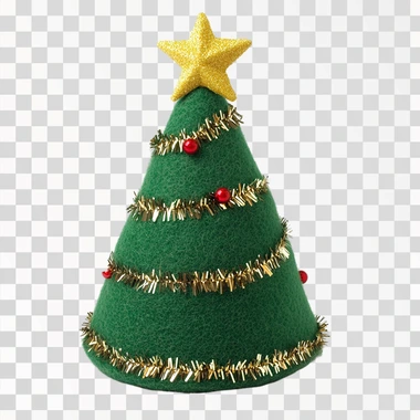 Felt Christmas Tree Hat, made of green felt material with tinsel and a gold star on top, against a white background, in a clip art style