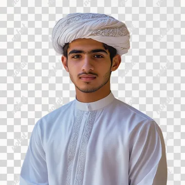 A young Omani man stands with confidence and pride, appearing with his entire body wearing the traditional white dishdasha, with its elegant and simple design, with an ornate Omani turban that reflects the ancient cultural heritage. He stands in an upright and elegant posture, indicating strength and pride in his national identity. The background is simple with natural lighting that highlights the details of his traditional clothing and highlights his confident presence. His serious features and fixed gaze reflect a mixture of authenticity and nobility rooted in Omani culture. half body photo