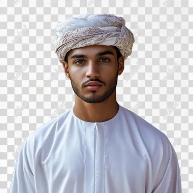 A young Omani man stands with confidence and pride, appearing with his entire body wearing the traditional white dishdasha, with its elegant and simple design, with an ornate Omani turban that reflects the ancient cultural heritage. He stands in an upright and elegant posture, indicating strength and pride in his national identity. The background is simple with natural lighting that highlights the details of his traditional clothing and highlights his confident presence. His serious features and fixed gaze reflect a mixture of authenticity and nobility rooted in Omani culture. half body photo