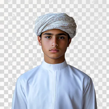 A young Omani man stands with confidence and pride, appearing with his entire body wearing the traditional white dishdasha, with its elegant and simple design, with an ornate Omani turban that reflects the ancient cultural heritage. He stands in an upright and elegant posture, indicating strength and pride in his national identity. The background is simple with natural lighting that highlights the details of his traditional clothing and highlights his confident presence. His serious features and fixed gaze reflect a mixture of authenticity and nobility rooted in Omani culture. half body photo