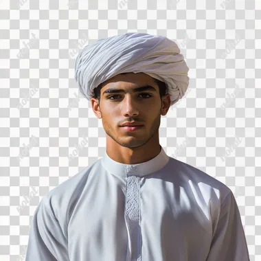 A young Omani man stands with confidence and pride, appearing with his entire body wearing the traditional white dishdasha, with its elegant and simple design, with an ornate Omani turban that reflects the ancient cultural heritage. He stands in an upright and elegant posture, indicating strength and pride in his national identity. The background is simple with natural lighting that highlights the details of his traditional clothing and highlights his confident presence. His serious features and fixed gaze reflect a mixture of authenticity and nobility rooted in Omani culture. half body photo