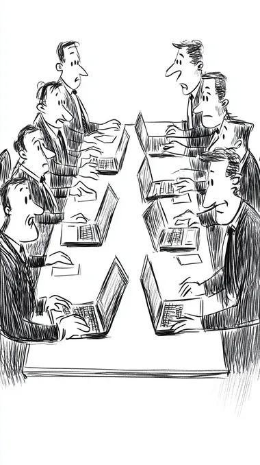 funny, simple ink cartoon, group of managers in a meeting hiding behind laptops