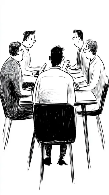 funny, simple ink cartoon, group of managers in a meeting hiding behind laptops