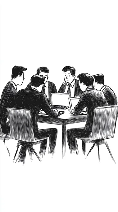 funny, simple ink cartoon, group of managers in a meeting hiding behind laptops