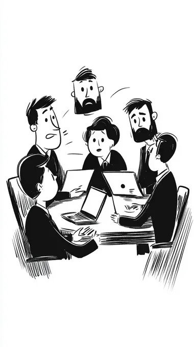funny, simple ink cartoon, group of managers in a meeting hiding behind laptops