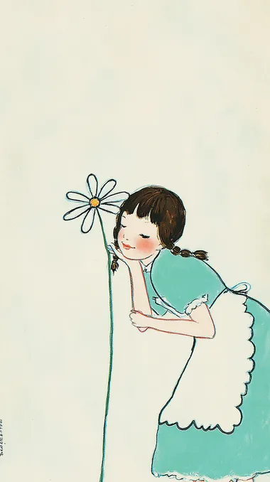 A vintage watercolor illustration of a 16-year-old girl with bangs and braided hair, leaning slightly forward to smell a blooming daisy. One hand holds the flower stem, while her eyes are closed with a content smile. White background. Jessie Willcox Smith style.  rofile kxps6do