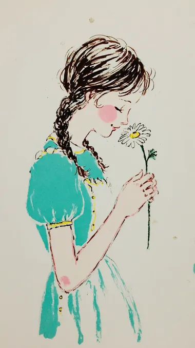A vintage watercolor illustration of a 16-year-old girl with bangs and braided hair, leaning slightly forward to smell a blooming daisy. One hand holds the flower stem, while her eyes are closed with a content smile. White background. Jessie Willcox Smith style.  rofile kxps6do