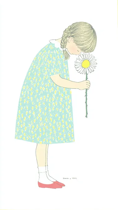 A vintage watercolor illustration of a 16-year-old girl with bangs and braided hair, leaning slightly forward to smell a blooming daisy. One hand holds the flower stem, while her eyes are closed with a content smile. White background. Jessie Willcox Smith style.  rofile kxps6do