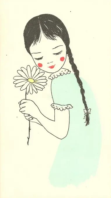 A vintage watercolor illustration of a 16-year-old girl with bangs and braided hair, leaning slightly forward to smell a blooming daisy. One hand holds the flower stem, while her eyes are closed with a content smile. White background. Jessie Willcox Smith style.  rofile kxps6do