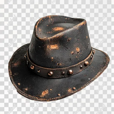 men's hat in black, decor with rusty spots, rusty nails, rivets. photograph on a white background