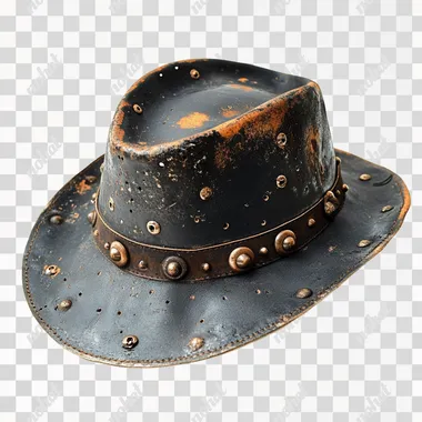 men's hat in black, decor with rusty spots, rusty nails, rivets. photograph on a white background