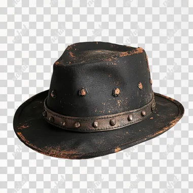 men's hat in black, decor with rusty spots, rusty nails, rivets. photograph on a white background