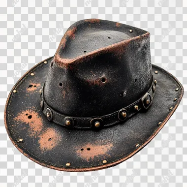 men's hat in black, decor with rusty spots, rusty nails, rivets. photograph on a white background