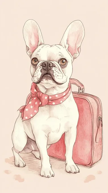 Sitting by the Carrying bagTraveling French bulldog, simple illustrations, hand-drawn illustrations, loose drawing touches, pastel colors