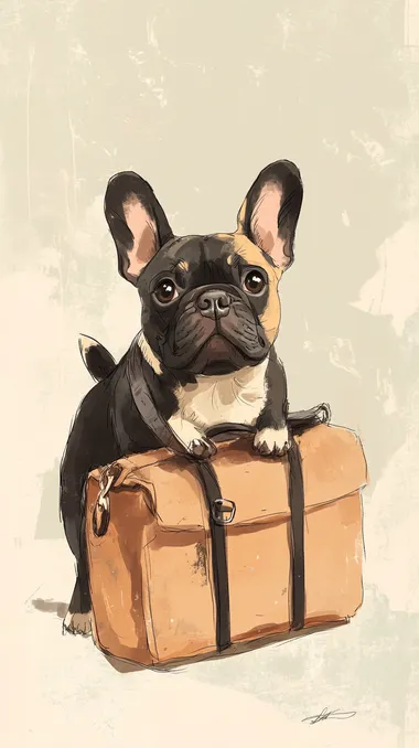Sitting by the Carrying bagTraveling French bulldog, simple illustrations, hand-drawn illustrations, loose drawing touches, pastel colors