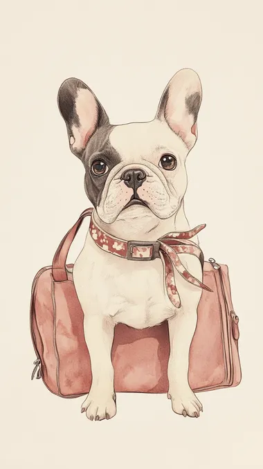Sitting by the Carrying bagTraveling French bulldog, simple illustrations, hand-drawn illustrations, loose drawing touches, pastel colors