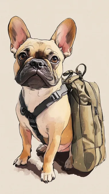 Sitting by the Carrying bagTraveling French bulldog, simple illustrations, hand-drawn illustrations, loose drawing touches, pastel colors