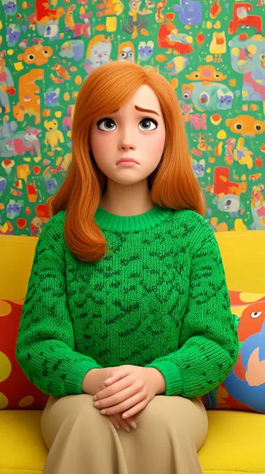 Close-up shot, frontal perspective, woman, wearing a green sweater, with orange hair, sitting on the sofa, crying, room.A cute Disney-style cartoon depicting ,rendered in the style of Pixar animation. The image features a colorful,The scene is presented in a high-resolution, 3D rendering with a full-body shot.    etg4osd