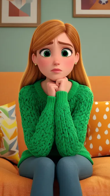 Close-up shot, frontal perspective, woman, wearing a green sweater, with orange hair, sitting on the sofa, crying, room.A cute Disney-style cartoon depicting ,rendered in the style of Pixar animation. The image features a colorful,The scene is presented in a high-resolution, 3D rendering with a full-body shot.    etg4osd